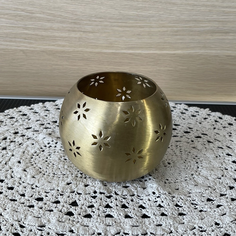 Vintage 90s Brass Globe Starburst Cutouts Votive Candle Holder Large Boho MCM